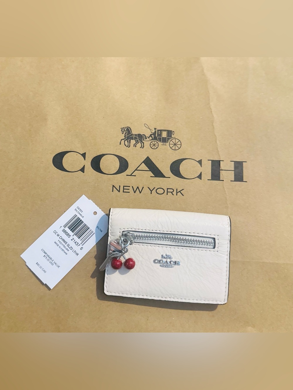 Coach Cream Card Holder with Red Cherry Charm